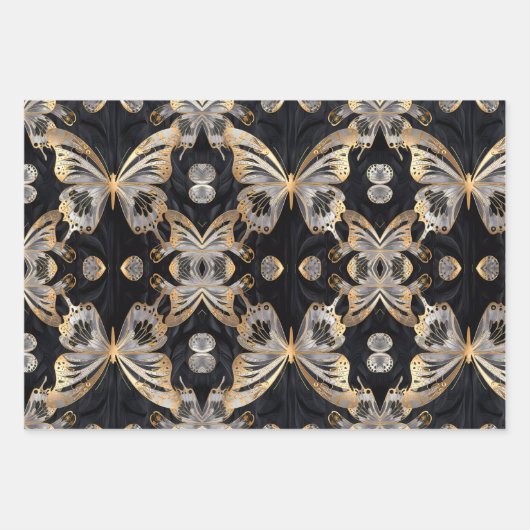 Feuille De Papier Cadeau Papillon en or sur arrière - plan noir (Devant)