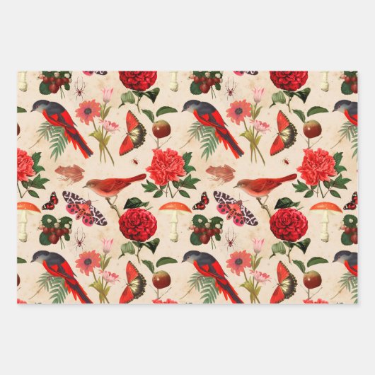 Feuille De Papier Cadeau Papillon et champignon aux oiseaux rouges (Devant 2)