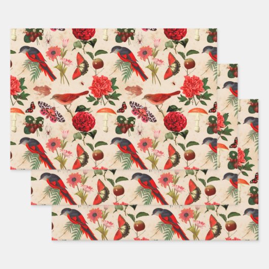 Feuille De Papier Cadeau Papillon et champignon aux oiseaux rouges (Lot)