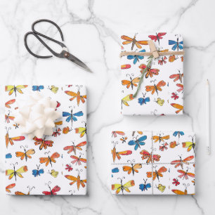 Feuille De Papier Cadeau Papillon libellule dessinés à la main inspirés de