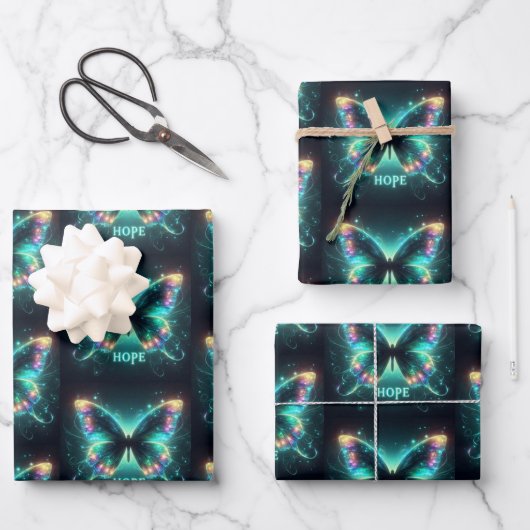 Feuille De Papier Cadeau Papillon multicolore radiant représentant l'espoir (Recto)