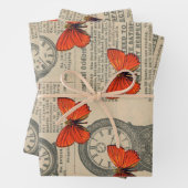Feuille De Papier Cadeau Papillon orange Vintage et journal (En situation)