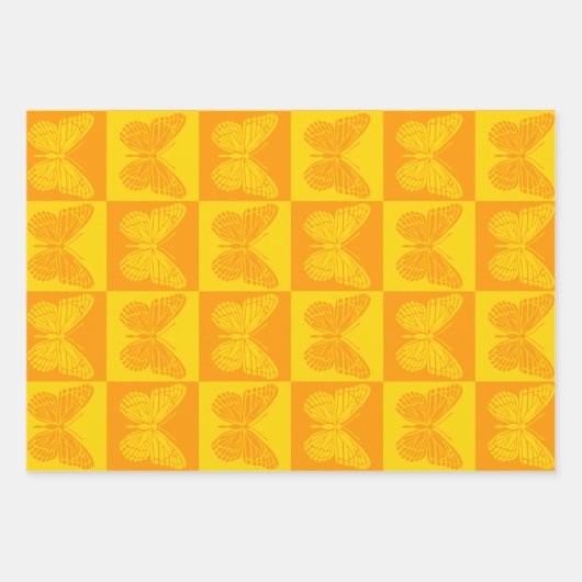 Feuille De Papier Cadeau Papillon Retro Checkerboard Motif Jaune Orange (Devant)
