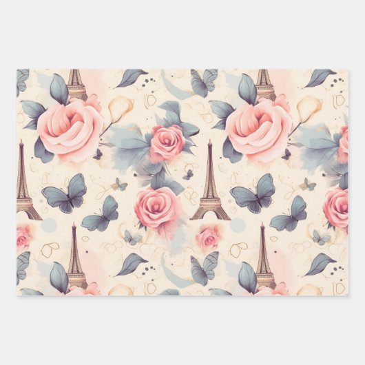 Feuille De Papier Cadeau Papillon Tour Eiffel et Motif Rose (Devant)