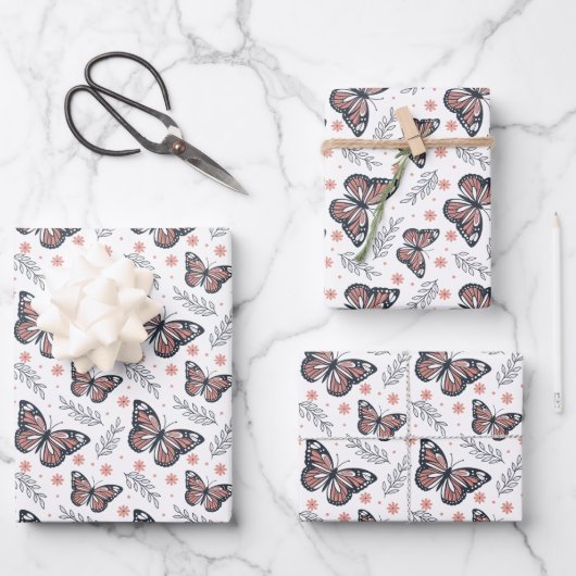 Feuille De Papier Cadeau Papillons Aquarelle Corail rose (Recto)