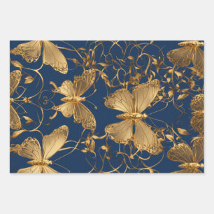 Feuille De Papier Cadeau Papillons bleus métalliques avec Vins d'or