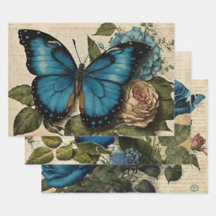 Feuille De Papier Cadeau Papillons bleus vintages et découpage Rose