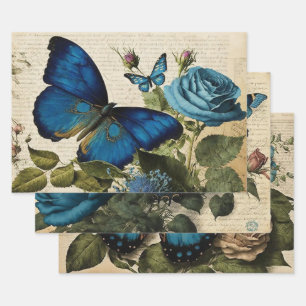 Feuille De Papier Cadeau Papillons bleus vintages et découpage Rose
