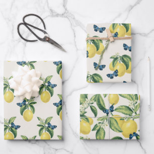 Feuille De Papier Cadeau Papillons Citrus bleu citron