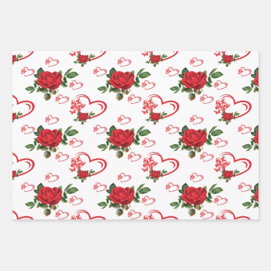 Feuille De Papier Cadeau Papillons de coeur et fleurs (Devant)