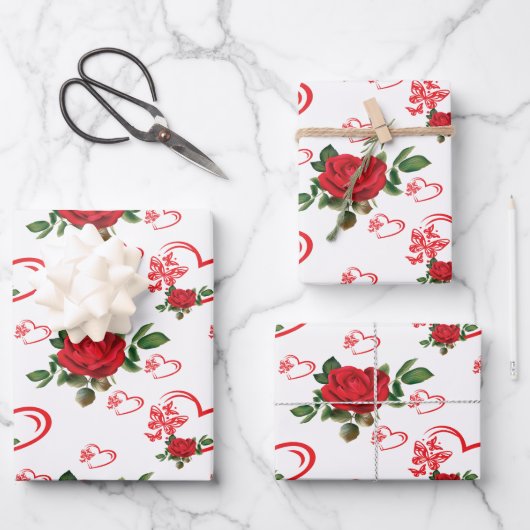 Feuille De Papier Cadeau Papillons de coeur et fleurs (Recto)