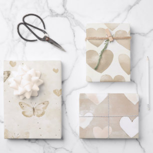 Feuille De Papier Cadeau Papillons de crème et coeurs d'anniversaire
