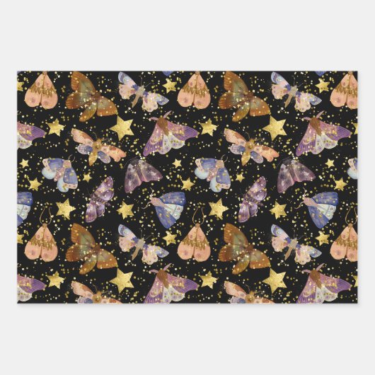 Feuille De Papier Cadeau Papillons de nuit Whimsical Faux Gold Stars (Devant)