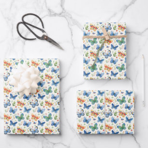 Feuille De Papier Cadeau Papillons et fleurs bleu jaune vert