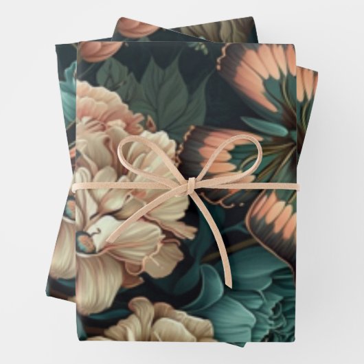 Feuille De Papier Cadeau Papillons et fleurs design classique foncé (En situation)