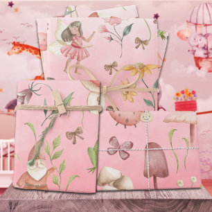 Feuille De Papier Cadeau Papillons Gnomes & Fées ailées Jardin Rose