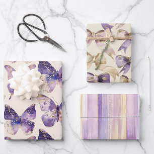 Feuille De Papier Cadeau Papillons Purple Gold Bows Stripes Anniversaire