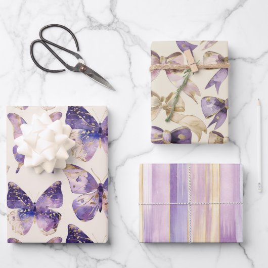 Feuille De Papier Cadeau Papillons Purple Gold Bows Stripes Anniversaire (Recto)