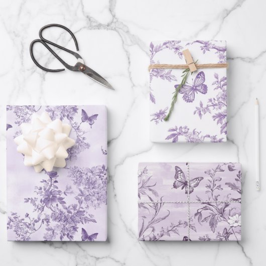 Feuille De Papier Cadeau Papillons Violets Sur Arrière - plan Violet (Recto)
