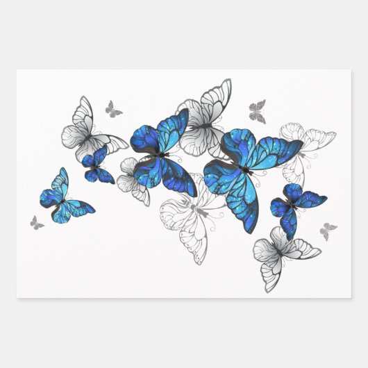 Feuille De Papier Cadeau Papillons volants bleus Morpho (Devant)