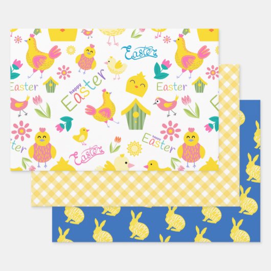 Feuille De Papier Cadeau Pâques Jaune Cute Chicks and Bunnies (Lot)
