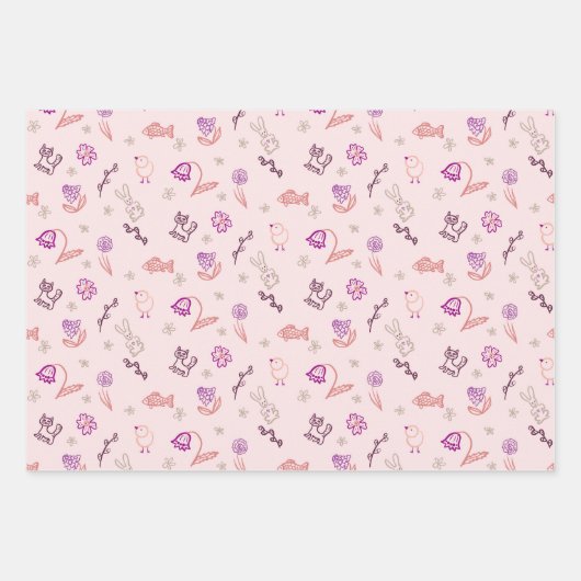 Feuille De Papier Cadeau Pâques mignons levrette animaux et fleurs (Devant)