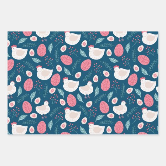 Feuille De Papier Cadeau Pâques Motifs lapins Oeufs et poulets (Devant 3)