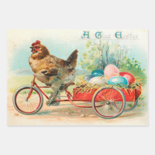 Feuille De Papier Cadeau Pâques vintage Poulet à vélo Oeuf de Pâques