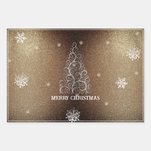 Feuille De Papier Cadeau Parties scintillant d'arbre de Noël et flocons de (Devant)