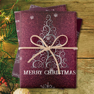 Feuille De Papier Cadeau Parties scintillant d'arbre de Noël et flocons de