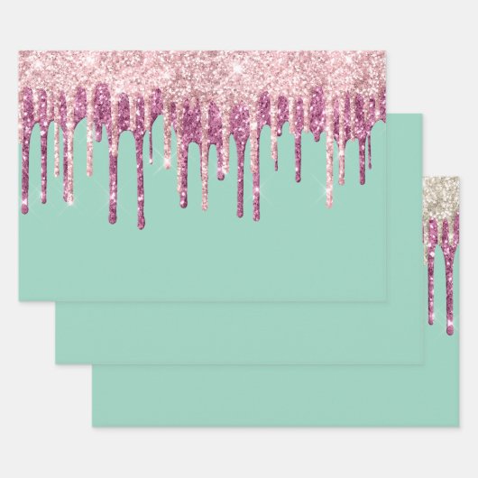 Feuille De Papier Cadeau Parties scintillant de crème glacée rose à la ment (Lot)
