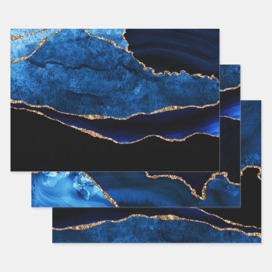 Feuille De Papier Cadeau Parties scintillant de luxe Bleu et Or Agate Anniv (Lot)