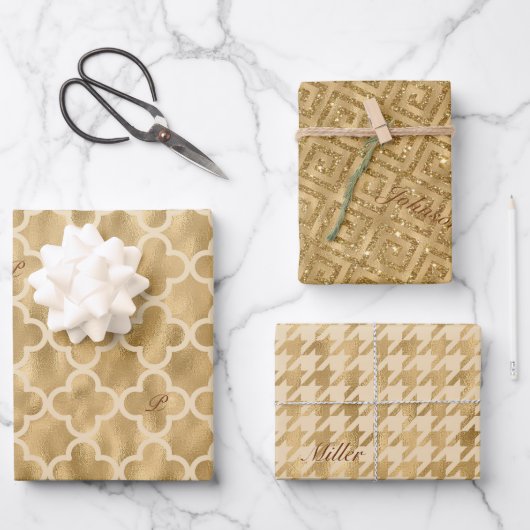 Feuille De Papier Cadeau Parties scintillant d'or Foil Motif Monogramme Noë (Recto)