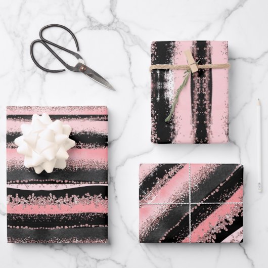 Feuille De Papier Cadeau Parties scintillant d'or noir Rose (Recto)