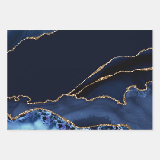 Feuille De Papier Cadeau Parties scintillant en marbre Bleu et Faux Or (Devant)