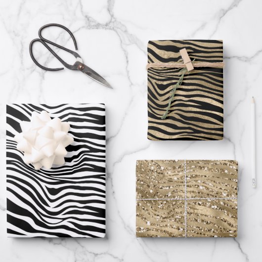 Feuille De Papier Cadeau Parties scintillant en or noir et blanc Zebra Prin (Recto)