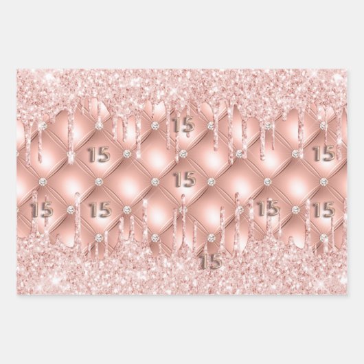 Feuille De Papier Cadeau Parties scintillant en or rose Quinceanera gouttes (Devant)