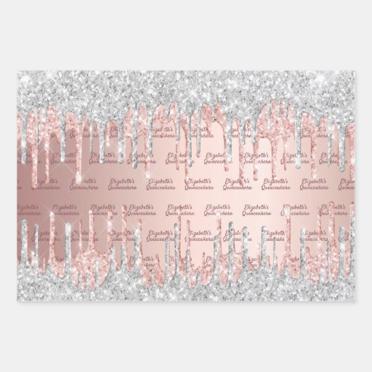 Feuille De Papier Cadeau Parties scintillant en or rose Quinceanera gouttes (Devant)