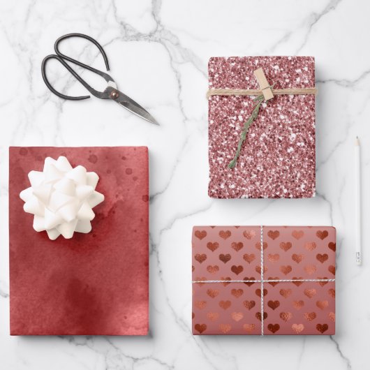 Feuille De Papier Cadeau Parties scintillant et Coeurs d'aquarelle rouge (Recto)