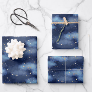 Feuille De Papier Cadeau Parties scintillant Gold Stars Dark Blue Sky Motif