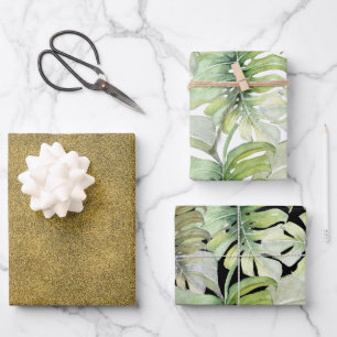 Feuille De Papier Cadeau Parties scintillant Gold Tropical Monstera Waterco