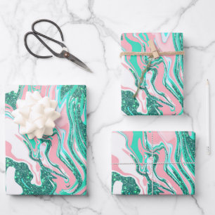 Feuille De Papier Cadeau Parties scintillant moderne blanche rose Turquoise