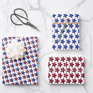 Feuille De Papier Cadeau Parties scintillant Patriotique Rouge Bleu Étoiles