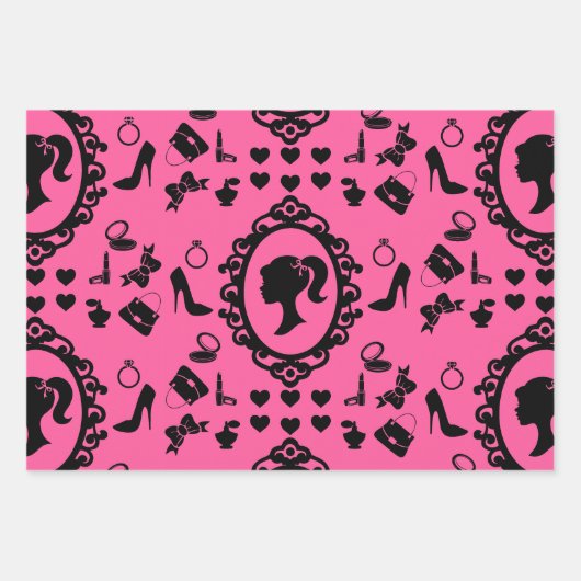 Feuille De Papier Cadeau Parties scintillant Poupée Anniversaire rose Glam (Devant)