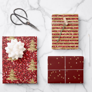 Feuille De Papier Cadeau Parties scintillant rouge Glitzy Arbres de Noël Or