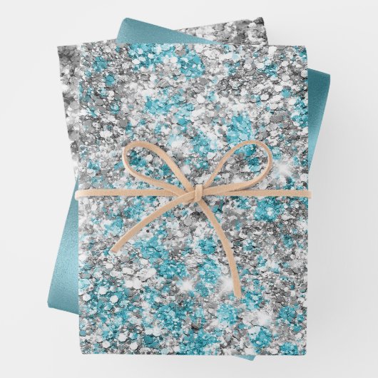 Feuille De Papier Cadeau Parties scintillant Silver Aqua Glam (En situation)