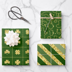 FEUILLE DE PAPIER CADEAU PARTIES SCINTILLANT VERTE & OR REGARDEZ SHAMROCK I