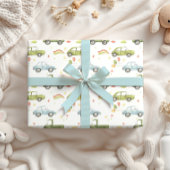 Feuille De Papier Cadeau Pastel Animaux en Voitures Baby Boy Nuetral
