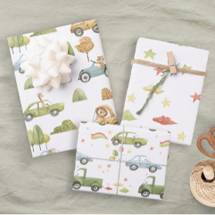 Feuille De Papier Cadeau Pastel Animaux en Voitures Baby Boy Nuetral