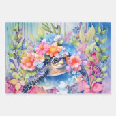 Feuille De Papier Cadeau Pastel Aquarelle Florale Tortues de mer (Devant 2)
